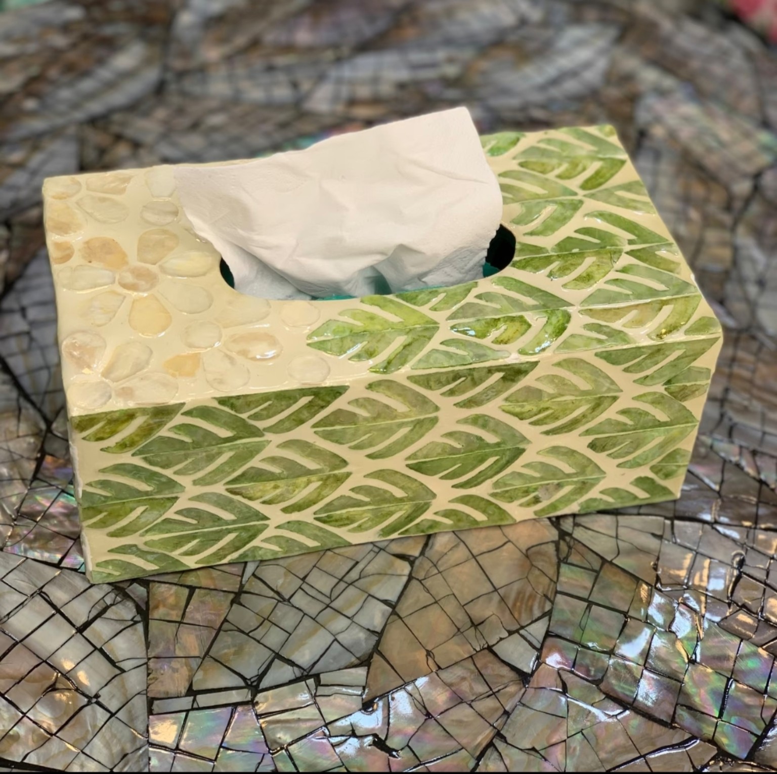 Green Leaves Mother-of-Pearl Tissue Box