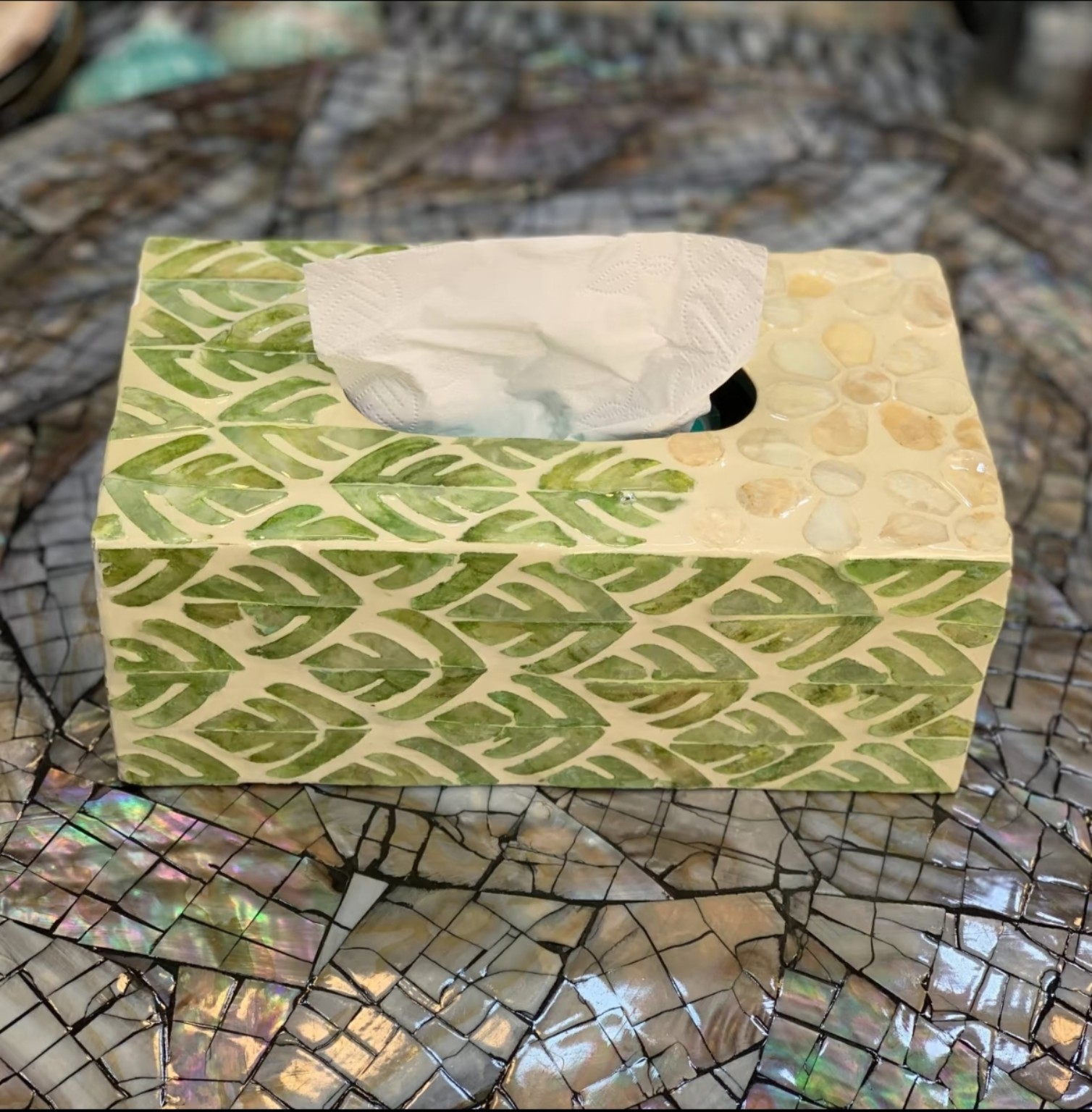 Green Leaves Mother-of-Pearl Tissue Box