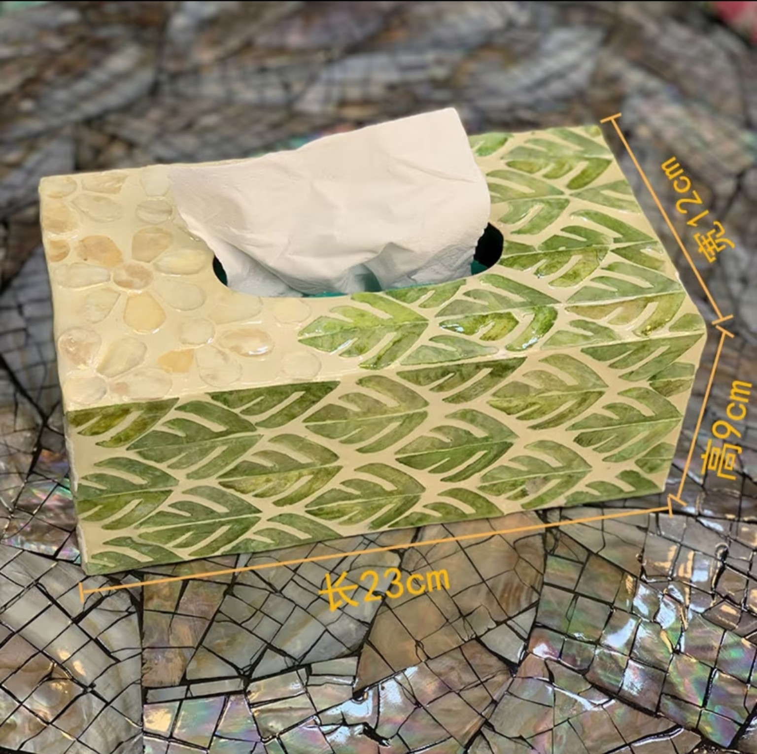 Green Leaves Mother-of-Pearl Tissue Box