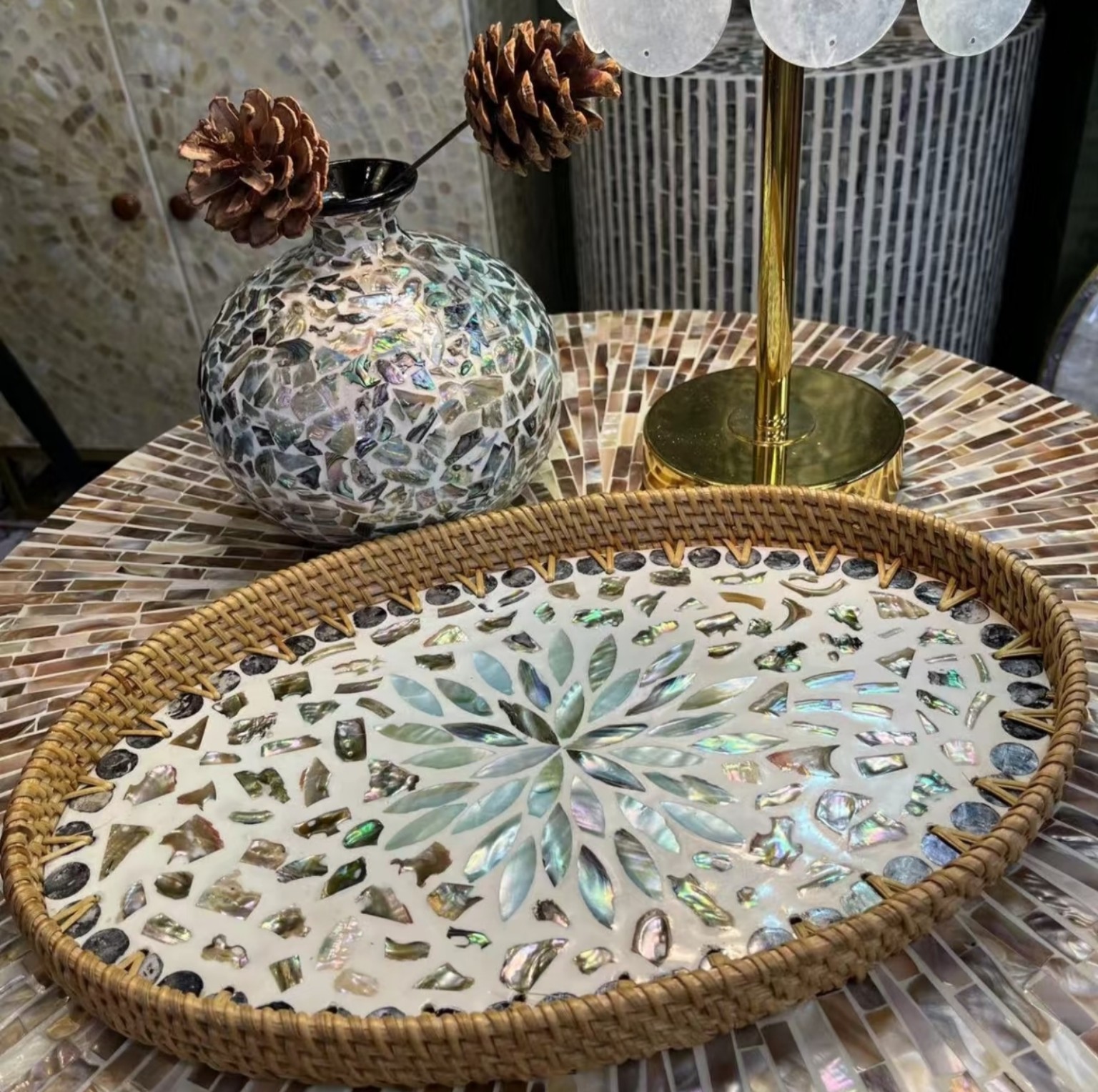 Oval Rattan & Nacre Mosaic Tray