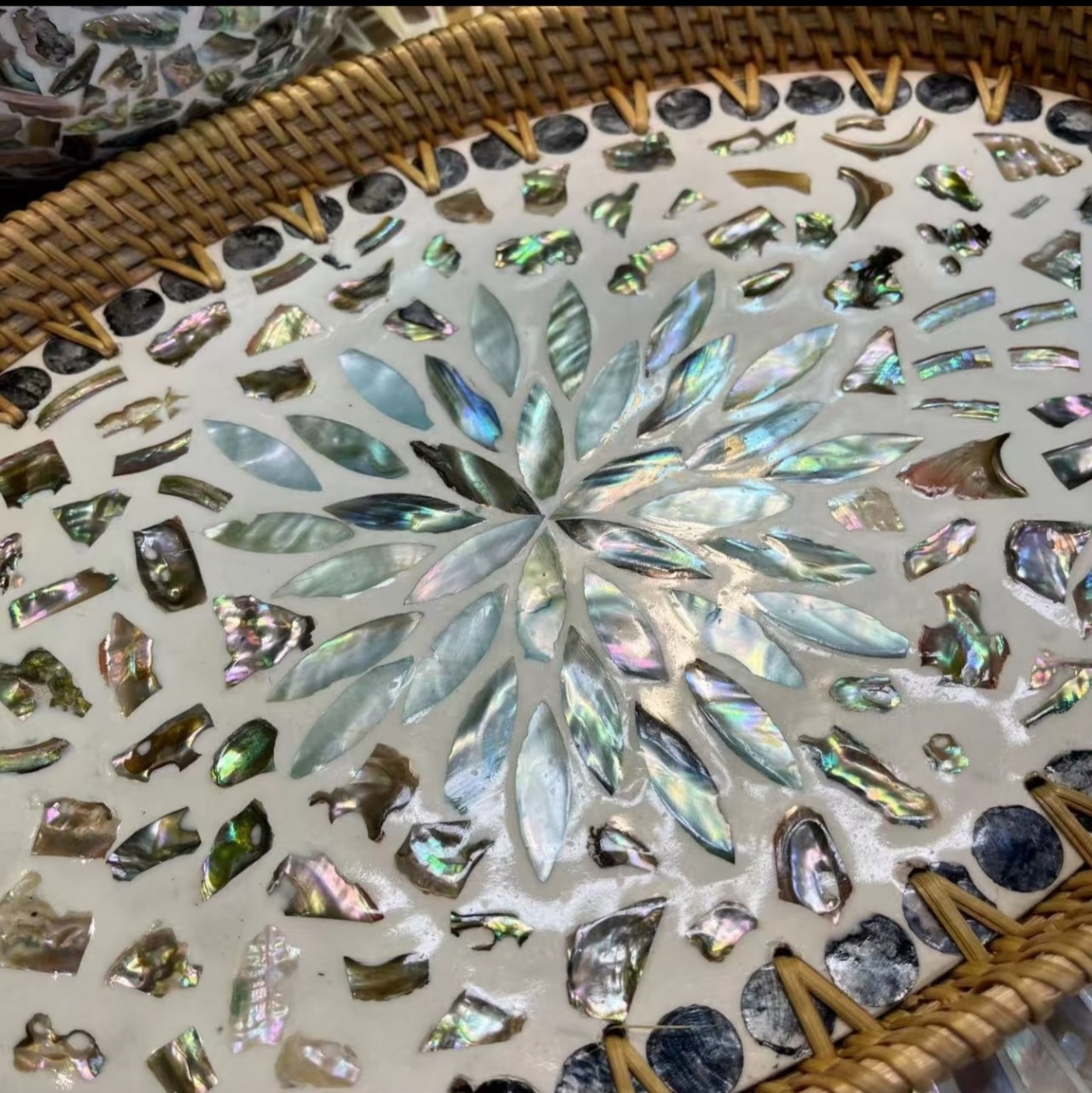 Oval Rattan & Nacre Mosaic Tray