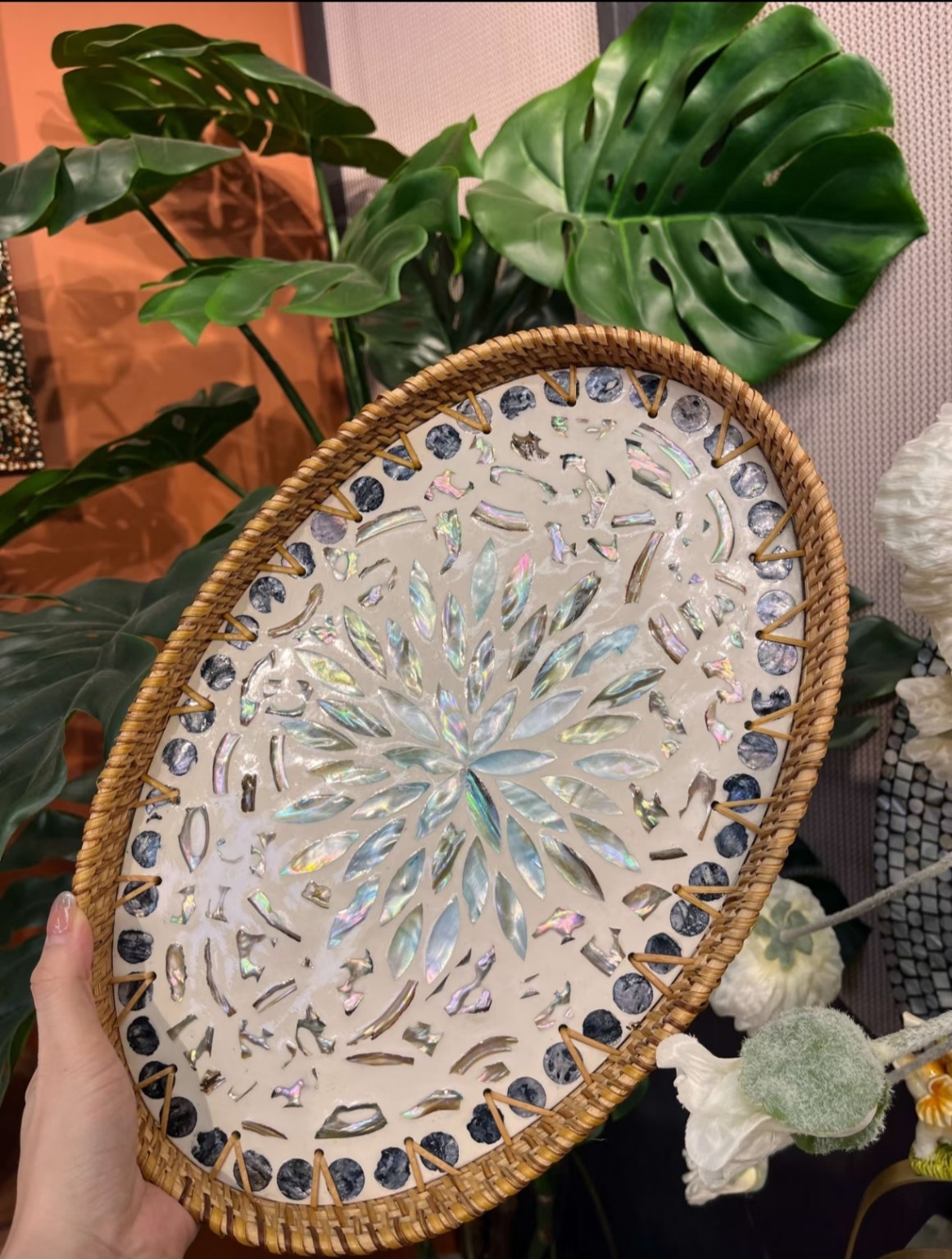 Oval Rattan & Nacre Mosaic Tray