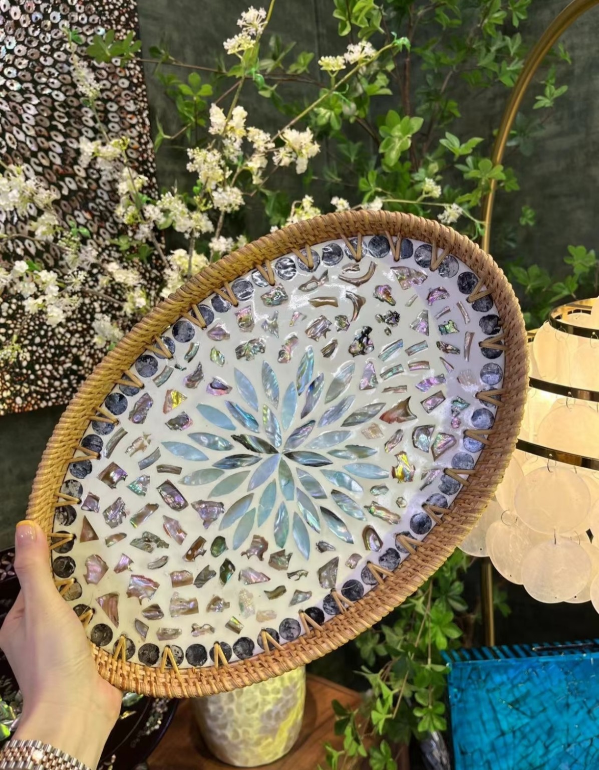Oval Rattan & Nacre Mosaic Tray