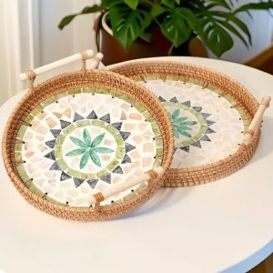 Double-Handle Rattan & Nacre Tray Set
