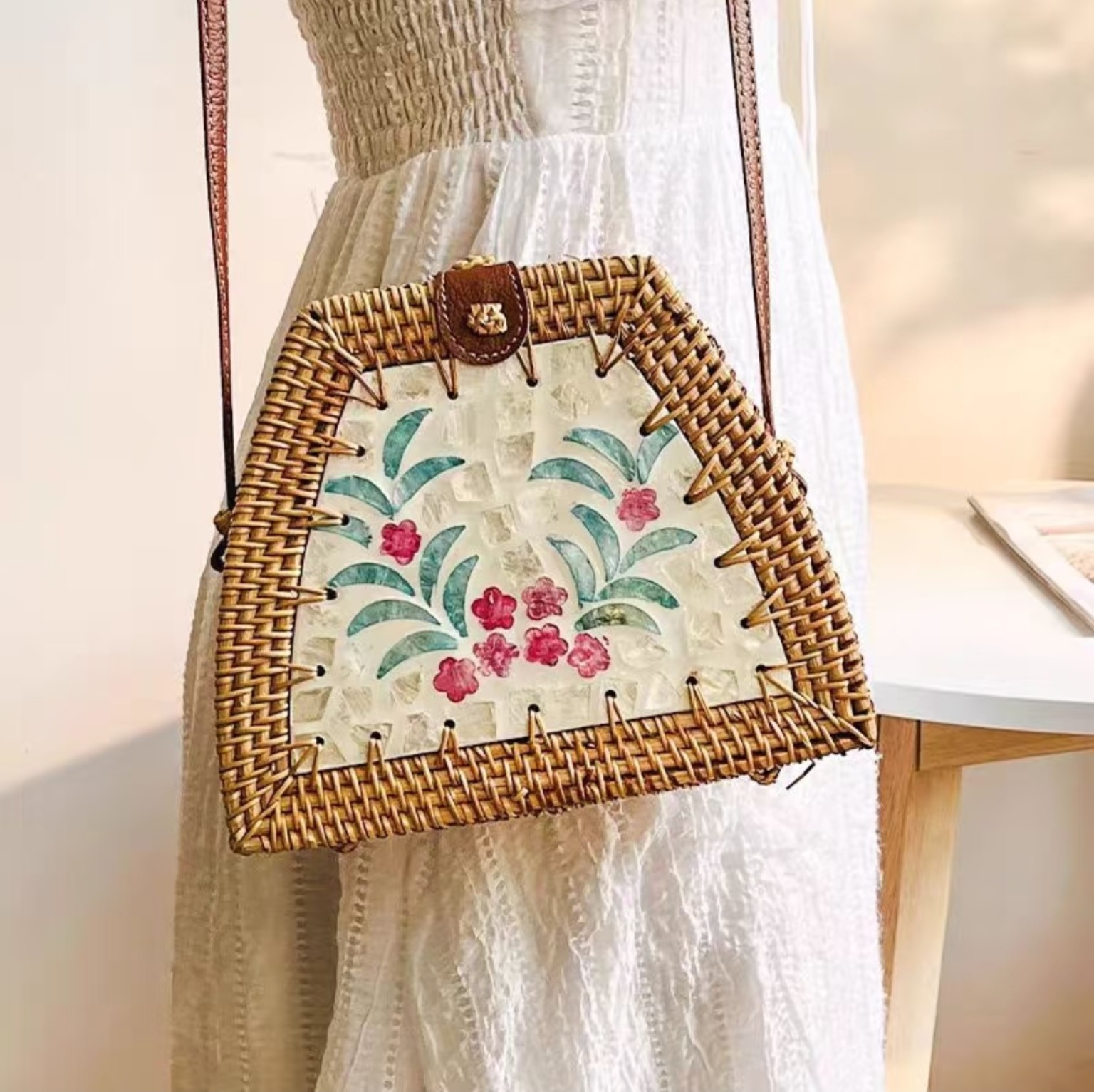 Rattan & Mother-of-Pearl Crossbody Bag