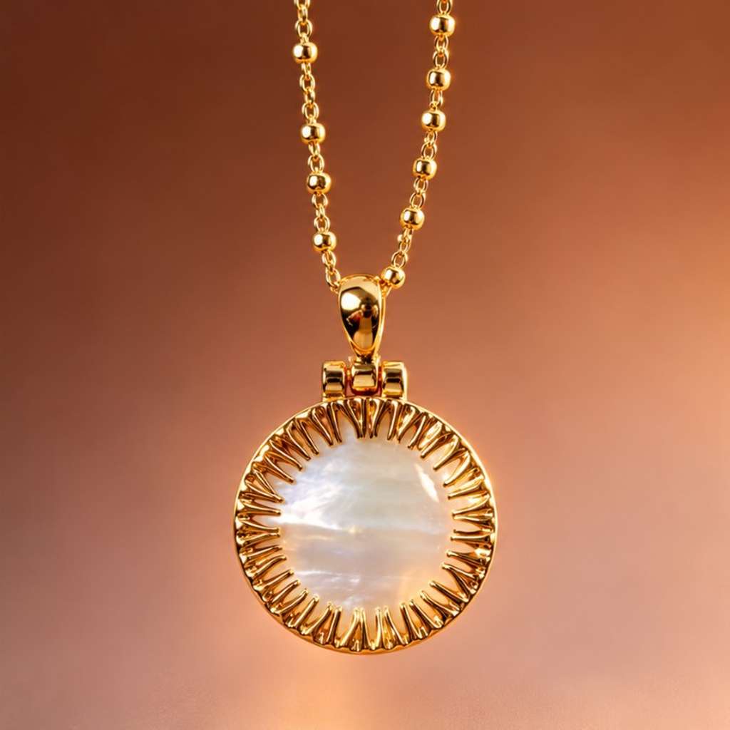 Round mother-of-pearl pendant with gold-tone sunburst frame on a gold-tone chain