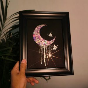 Crescent moon and butterflies in natural shell inlay