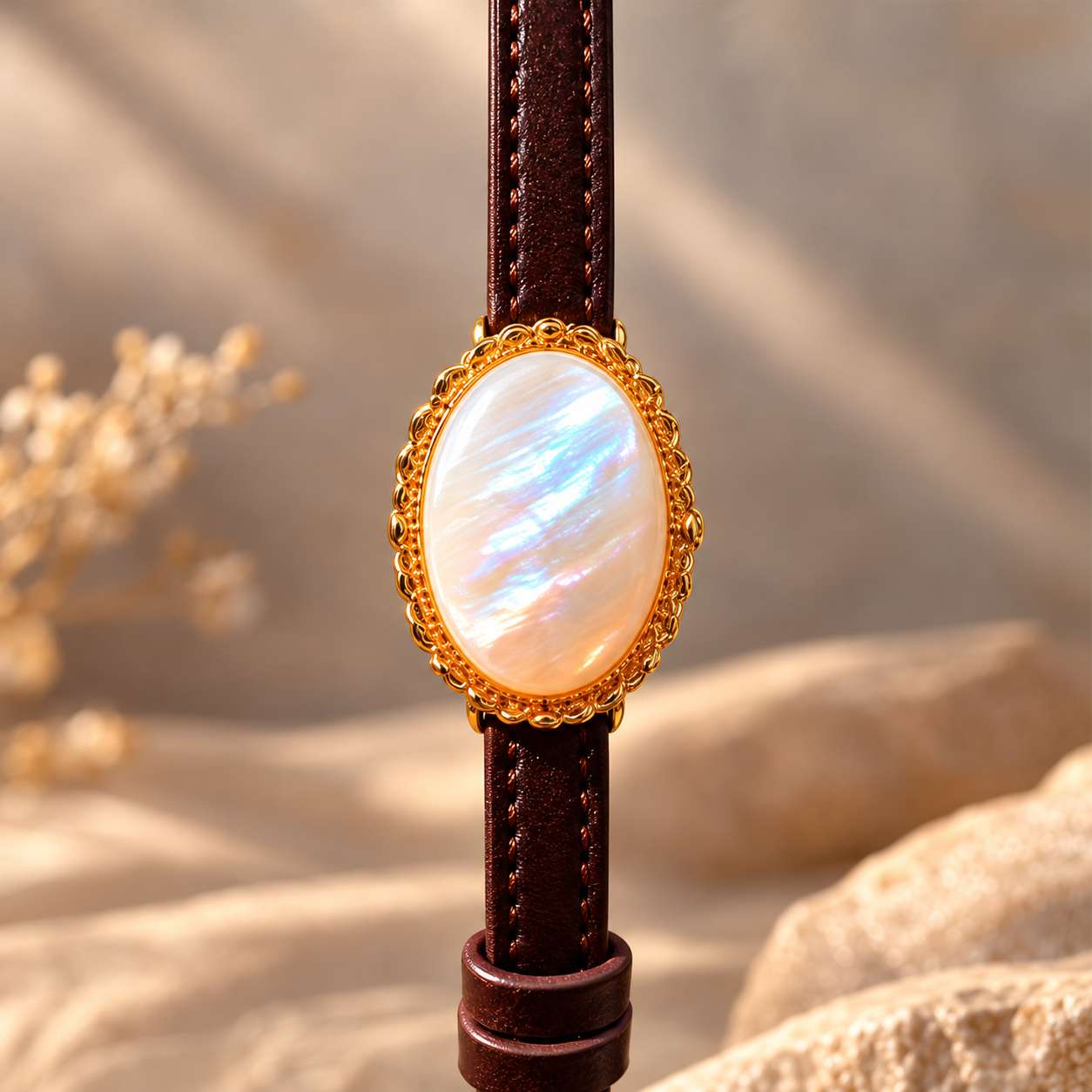 Oval mother-of-pearl cabochon in a gold-tone scalloped frame on a brown leather strap
