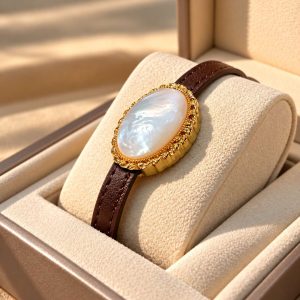 Mother-of-pearl and leather bracelet presented on a jewellery display cushion