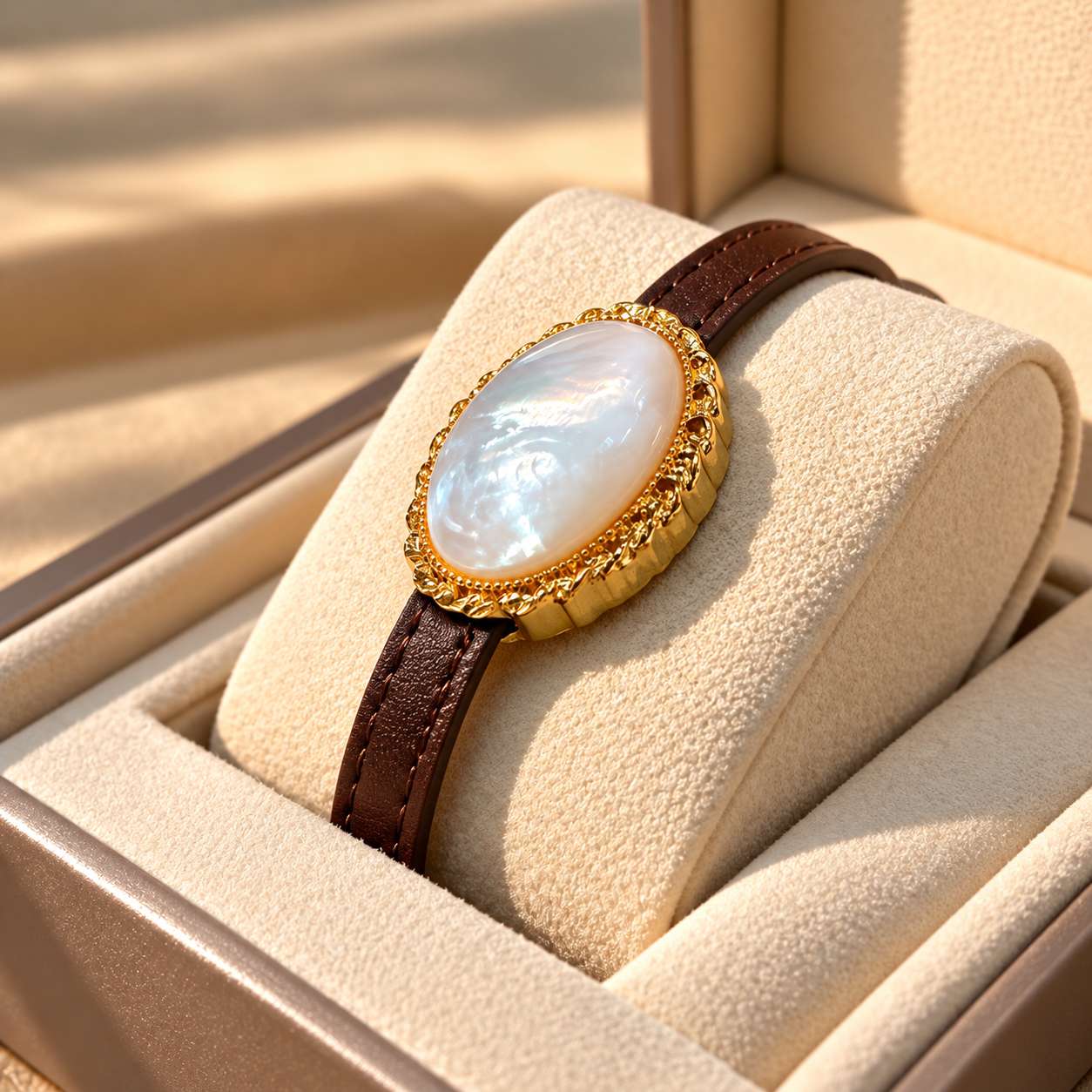 Mother-of-pearl and leather bracelet presented on a jewellery display cushion