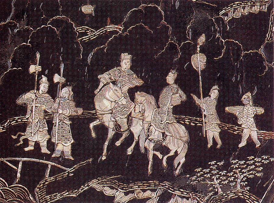 Detail of a Yuan dynasty black lacquer tray inlaid with mother-of-pearl figures, horses and landscape